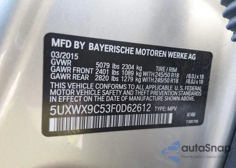 2015 BMW X3 xDrive28I из США, поврежденный, VIN 5UXWX9C53F0D62612